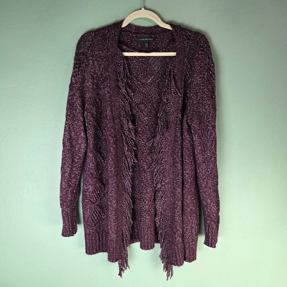 Lane Bryant Womens 14 16 Open Cardigan Cable Knit Sweater Fringe Metallic Boho
